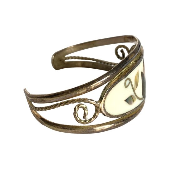 Vintage Alpaca Silver Cuff Bracelet Mother Of Pearl Abalone Inlay Floral Mexico - Picture 3 of 7